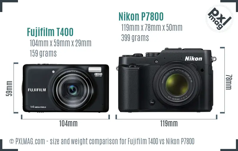 Fujifilm T400 vs Nikon P7800 size comparison