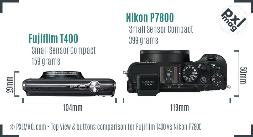 Fujifilm T400 vs Nikon P7800 top view buttons comparison