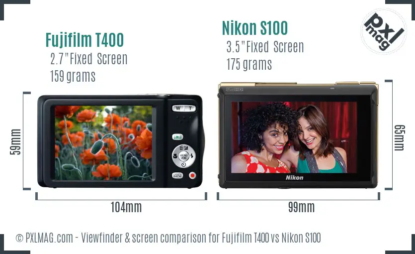 Fujifilm T400 vs Nikon S100 Screen and Viewfinder comparison