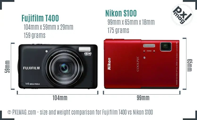 Fujifilm T400 vs Nikon S100 size comparison