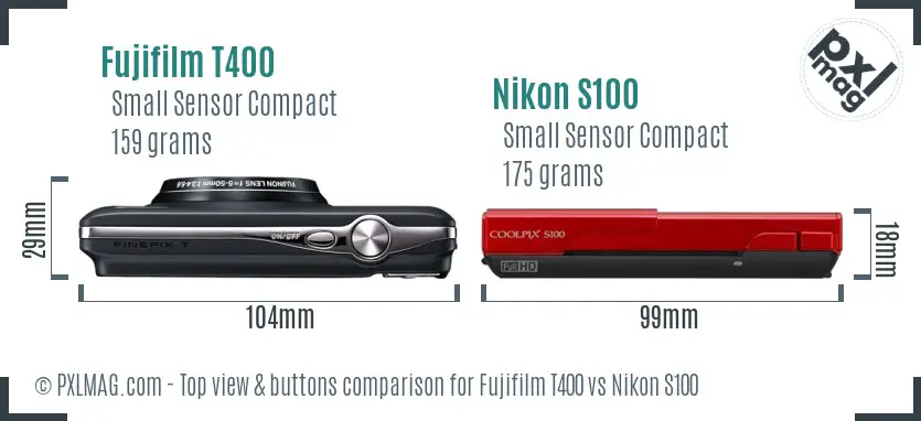 Fujifilm T400 vs Nikon S100 top view buttons comparison