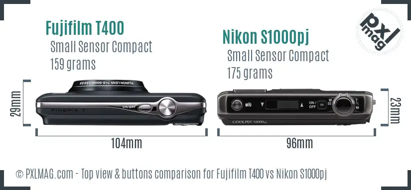 Fujifilm T400 vs Nikon S1000pj top view buttons comparison