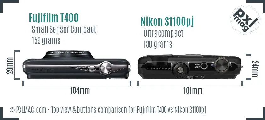 Fujifilm T400 vs Nikon S1100pj top view buttons comparison