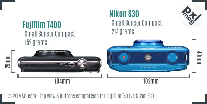 Fujifilm T400 vs Nikon S30 top view buttons comparison Fujifilm T400 vs Nikon S30 top view buttons comparison
