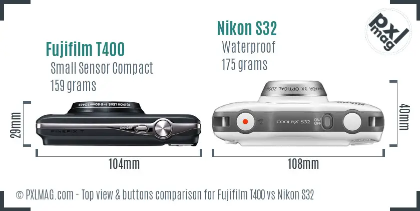 Fujifilm T400 vs Nikon S32 top view buttons comparison Fujifilm T400 vs Nikon S32 top view buttons comparison