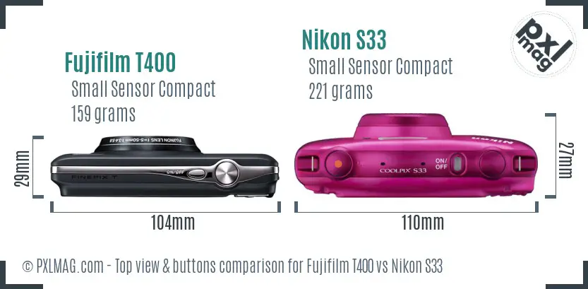 Fujifilm T400 vs Nikon S33 top view buttons comparison Fujifilm T400 vs Nikon S33 top view buttons comparison