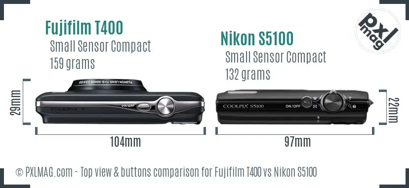 Fujifilm T400 vs Nikon S5100 top view buttons comparison