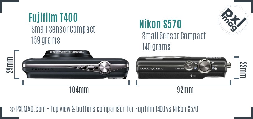 Fujifilm T400 vs Nikon S570 top view buttons comparison
