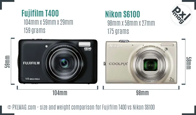Fujifilm T400 vs Nikon S6100 size comparison