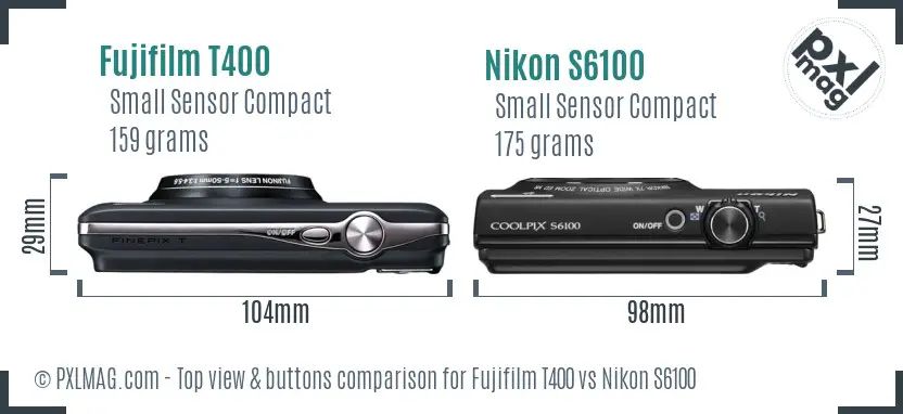 Fujifilm T400 vs Nikon S6100 top view buttons comparison
