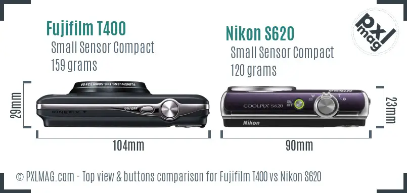 Fujifilm T400 vs Nikon S620 top view buttons comparison Fujifilm T400 vs Nikon S620 top view buttons comparison