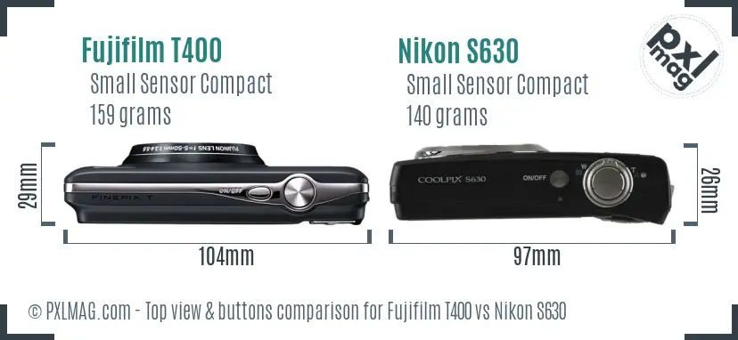 Fujifilm T400 vs Nikon S630 top view buttons comparison