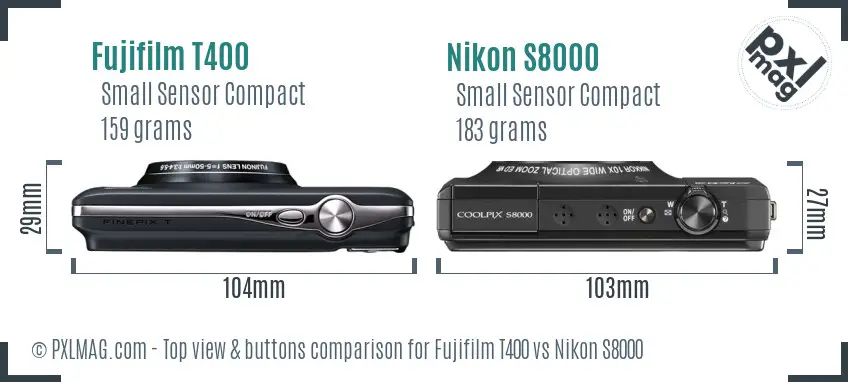 Fujifilm T400 vs Nikon S8000 top view buttons comparison Fujifilm T400 vs Nikon S8000 top view buttons comparison