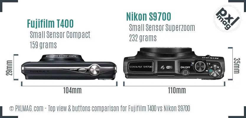 Fujifilm T400 vs Nikon S9700 top view buttons comparison