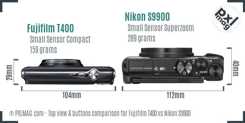 Fujifilm T400 vs Nikon S9900 top view buttons comparison Fujifilm T400 vs Nikon S9900 top view buttons comparison