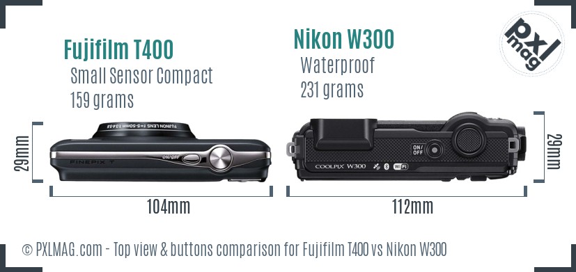 Fujifilm T400 vs Nikon W300 top view buttons comparison