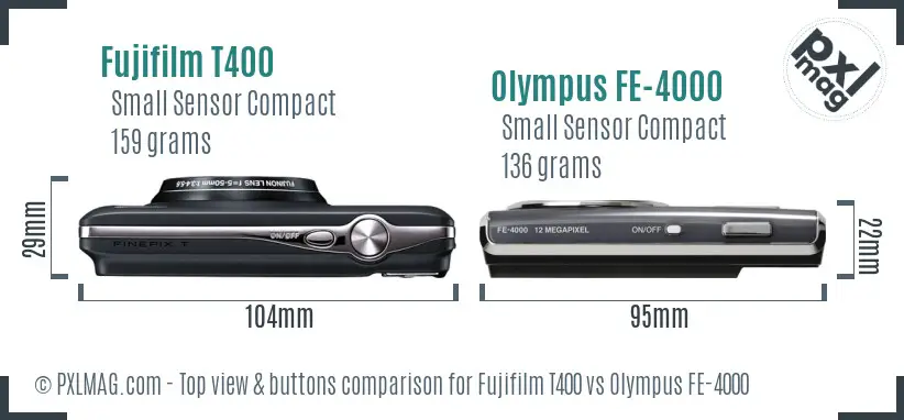 Fujifilm T400 vs Olympus FE-4000 top view buttons comparison