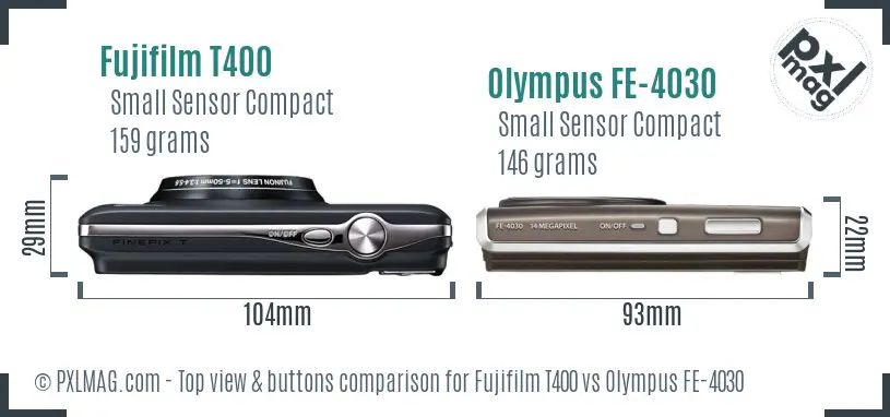 Fujifilm T400 vs Olympus FE-4030 top view buttons comparison Fujifilm T400 vs Olympus FE-4030 top view buttons comparison