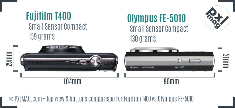 Fujifilm T400 vs Olympus FE-5010 top view buttons comparison