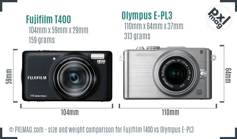 Fujifilm T400 vs Olympus E-PL3 size comparison
