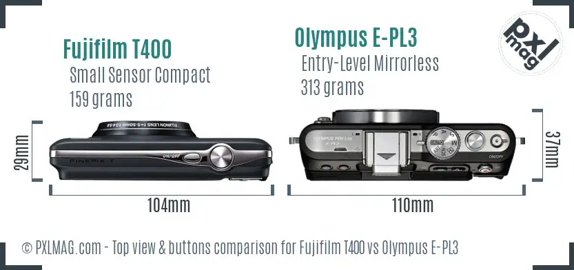 Fujifilm T400 vs Olympus E-PL3 top view buttons comparison