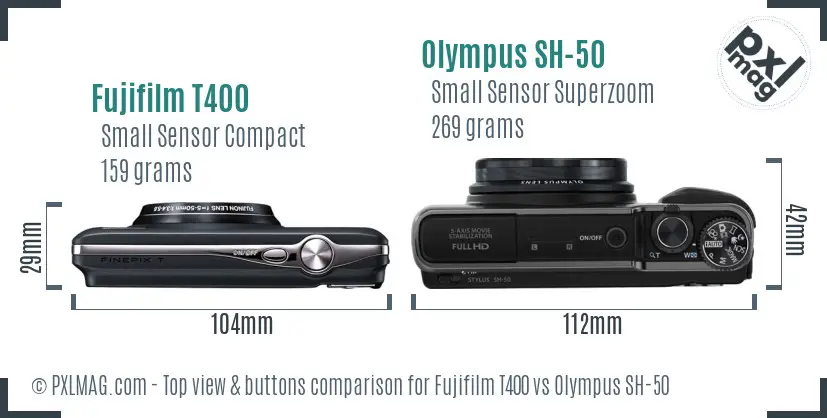 Fujifilm T400 vs Olympus SH-50 top view buttons comparison Fujifilm T400 vs Olympus SH-50 top view buttons comparison