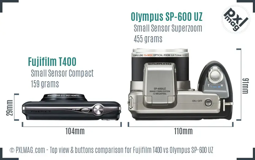 Fujifilm T400 vs Olympus SP-600 UZ top view buttons comparison