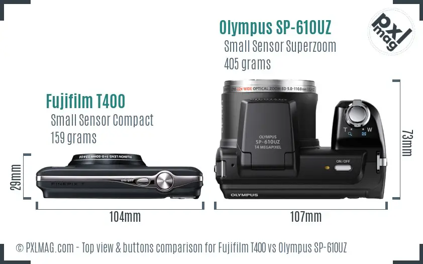 Fujifilm T400 vs Olympus SP-610UZ top view buttons comparison Fujifilm T400 vs Olympus SP-610UZ top view buttons comparison