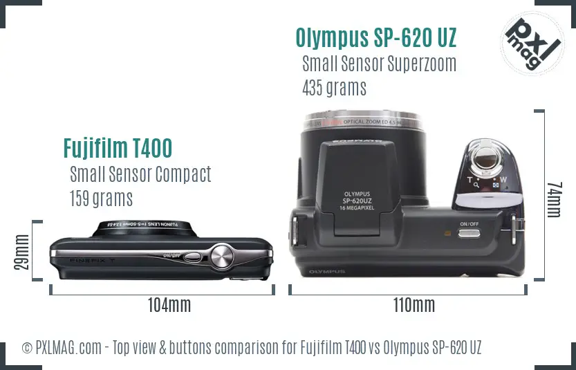 Fujifilm T400 vs Olympus SP-620 UZ top view buttons comparison