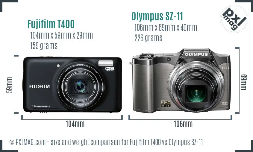 Fujifilm T400 vs Olympus SZ-11 size comparison