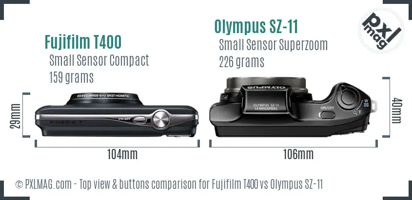 Fujifilm T400 vs Olympus SZ-11 top view buttons comparison