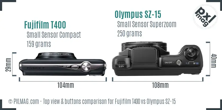 Fujifilm T400 vs Olympus SZ-15 top view buttons comparison