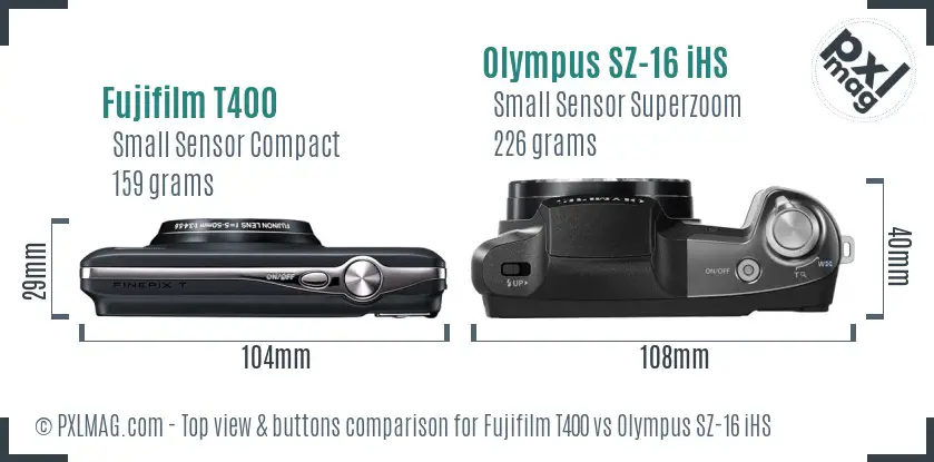 Fujifilm T400 vs Olympus SZ-16 iHS top view buttons comparison