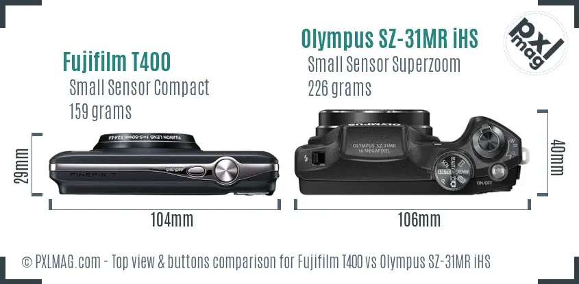 Fujifilm T400 vs Olympus SZ-31MR iHS top view buttons comparison