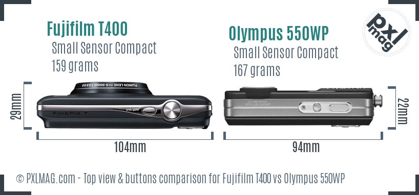 Fujifilm T400 vs Olympus 550WP top view buttons comparison