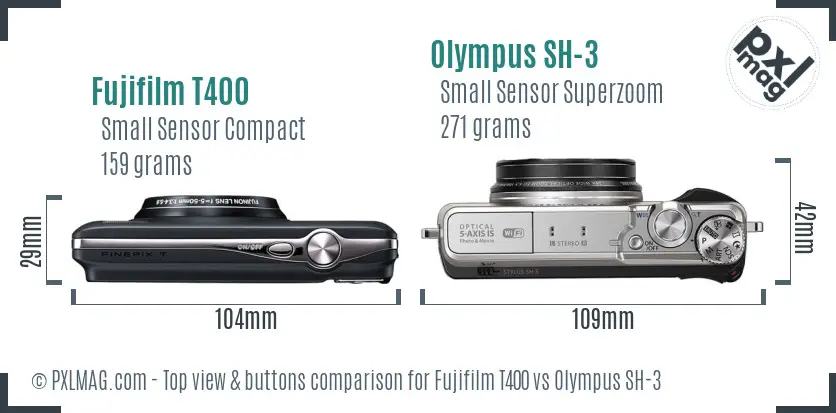 Fujifilm T400 vs Olympus SH-3 top view buttons comparison