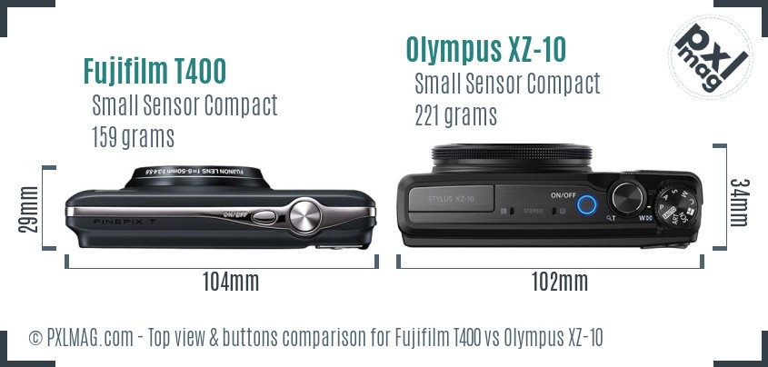Fujifilm T400 vs Olympus XZ-10 top view buttons comparison