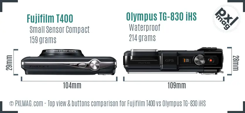 Fujifilm T400 vs Olympus TG-830 iHS top view buttons comparison