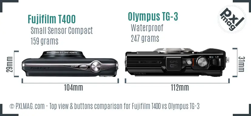 Fujifilm T400 vs Olympus TG-3 top view buttons comparison