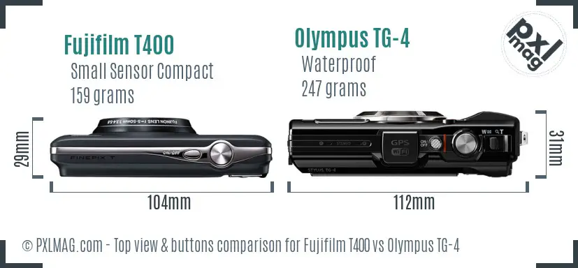 Fujifilm T400 vs Olympus TG-4 top view buttons comparison Fujifilm T400 vs Olympus TG-4 top view buttons comparison