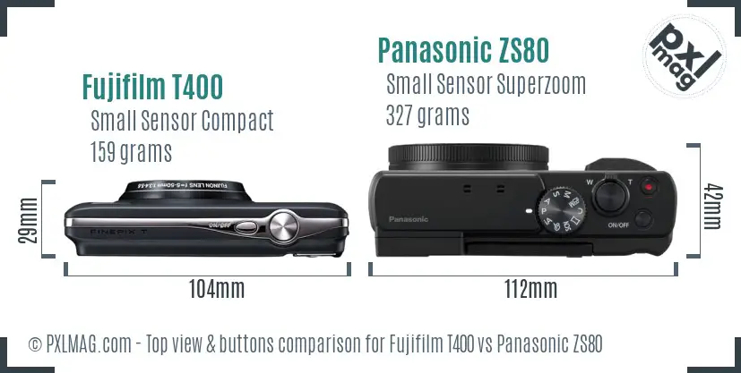Fujifilm T400 vs Panasonic ZS80 top view buttons comparison