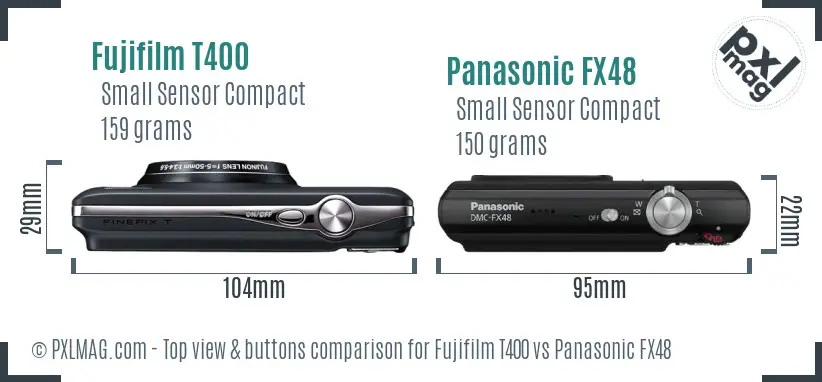 Fujifilm T400 vs Panasonic FX48 top view buttons comparison Fujifilm T400 vs Panasonic FX48 top view buttons comparison