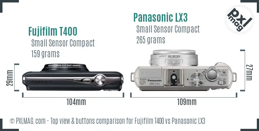 Fujifilm T400 vs Panasonic LX3 top view buttons comparison