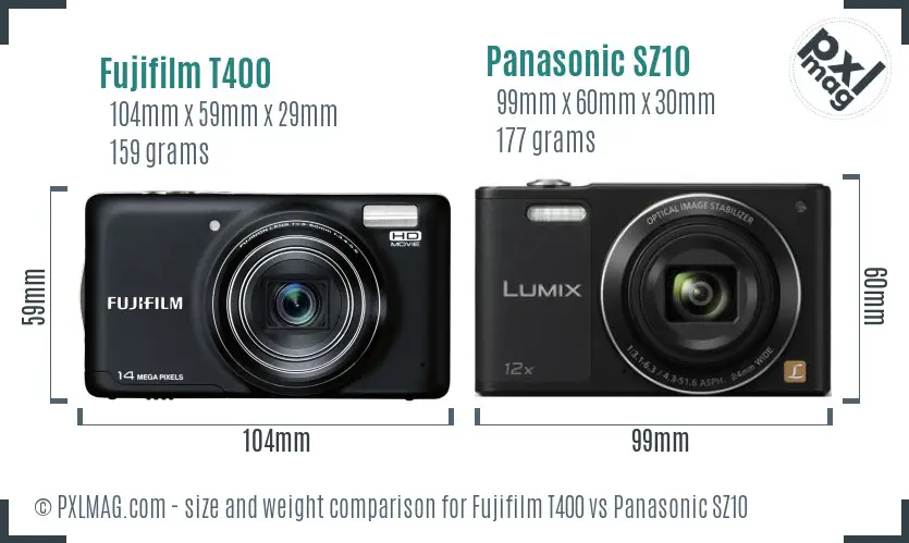 Fujifilm T400 vs Panasonic SZ10 size comparison