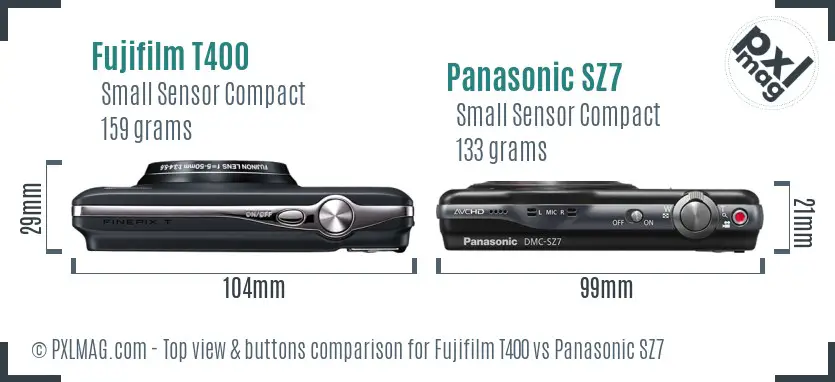 Fujifilm T400 vs Panasonic SZ7 top view buttons comparison Fujifilm T400 vs Panasonic SZ7 top view buttons comparison