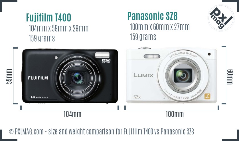 Fujifilm T400 vs Panasonic SZ8 size comparison