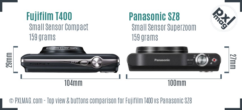 Fujifilm T400 vs Panasonic SZ8 top view buttons comparison