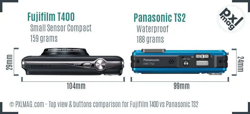 Fujifilm T400 vs Panasonic TS2 top view buttons comparison Fujifilm T400 vs Panasonic TS2 top view buttons comparison