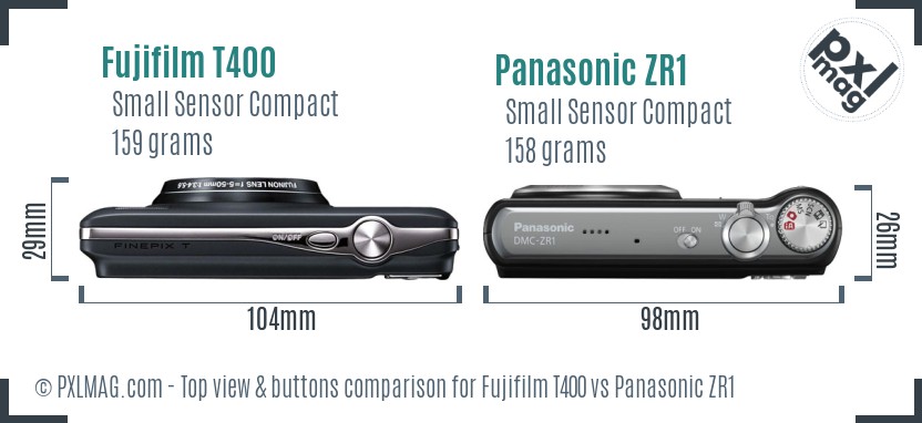 Fujifilm T400 vs Panasonic ZR1 top view buttons comparison