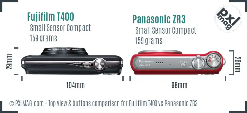 Fujifilm T400 vs Panasonic ZR3 top view buttons comparison